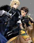  2boys bangs black_gloves blonde_hair blue_eyes brown_hair cape claude_von_riegan dimitri_alexandre_blaiddyd eyepatch fire_emblem fire_emblem:_three_houses fur-trimmed_cape fur_trim gauntlets gloves green_eyes grey_background grey_jacket hair_between_eyes hksi1pin holding holding_weapon jacket looking_at_viewer male_focus multiple_boys sash short_hair simple_background translation_request weapon 