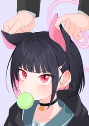  1girl 1other :t animal_ears biohazard_symbol black_choker black_hair black_hoodie blue_archive blue_sailor_collar blunt_bangs blush cat_ears choker colored_inner_hair commentary_request ear_blush ear_fondling eating extra_ears food food_on_face hair_ornament hairclip halo highres hood hood_down hoodie jakomurashi kazusa_(blue_archive) long_sleeves macaron medium_bangs multicolored_hair pink_eyes pink_hair raised_eyebrow sailor_collar short_hair simple_background solo_focus two-tone_hair upper_body 