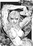  1girl border breasts claws completely_nude copyright_request eyelashes feathers flower greyscale hand_up harpy highres large_breasts lipstick long_hair looking_at_viewer makeup mismatched_sclera monochrome monster_girl navel nude pigeon666 smile solo white_border 