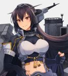  1girl black_gloves breasts brown_hair closed_mouth elbow_gloves gloves headgear highres kantai_collection kasumi_(skchkko) large_breasts long_hair looking_at_viewer midriff nagato_(kancolle) partially_fingerless_gloves red_eyes shrug_(clothing) simple_background smile solo tassel upper_body very_long_hair white_background 
