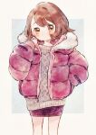  1girl adapted_costume bangs blush bob_cut brown_eyes brown_hair cable_knit closed_mouth commentary_request fur-trimmed_hood fur_trim gloria_(pokemon) grey_sweater hand_in_pocket hood jacket open_clothes open_jacket pokemon pokemon_(game) pokemon_swsh purple_jacket short_hair solo sweater zzzpani 