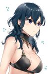  1girl absurdres armpit_crease bangs bikini bikini_top black_bikini black_choker blue_eyes blue_hair blush breasts byleth_(fire_emblem) choker closed_mouth commentary_request eyebrows_visible_through_hair fire_emblem fire_emblem:_three_houses flower hair_between_eyes haru_(nakajou-28) highres jewelry long_hair medium_breasts necklace shiny shiny_hair simple_background solo swimsuit upper_body white_background 