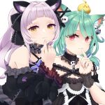  2girls absurdres ahoge angruoxin animal_ear_fluff animal_ears bird black_dress cat_ears chick closed_mouth collar dress earrings finger_to_mouth frilled_collar frills gothic_lolita green_hair hair_ornament highres hololive jewelry kemonomimi_mode lolita_fashion long_hair looking_at_viewer multiple_girls murasaki_shion official_alternate_costume piyoko_(uruha_rushia) silver_hair skull_hair_ornament smug uruha_rushia virtual_youtuber white_background yellow_eyes 