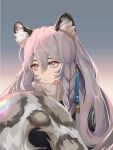  1girl animal_ear_fluff animal_ears arknights bangs braid commentary gradient gradient_background grey_background grey_eyes hair_between_eyes horo_zhuzhu leopard_ears leopard_tail long_hair pramanix_(arknights) silver_hair solo tail turtleneck upper_body 