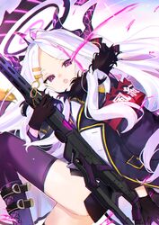  1girl atsumi_jun black_gloves blue_archive gloves glowing glowing_eyes gun halo hina_(blue_archive) holding holding_gun holding_weapon jacket knee_up long_hair long_sleeves looking_at_viewer open_mouth parted_lips purple_legwear rifle solo thigh-highs violet_eyes weapon white_hair 