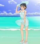  1girl adjusting_clothes adjusting_headwear bangs beach black_eyes black_hair blue_sky blurry blurry_background braid closed_mouth clouds cloudy_sky commentary_request covered_navel day dress dress_tug hat horizon looking_at_viewer low_twintails maburu_(lojyq1eur3e8bit) medium_hair ocean original outdoors sandals see-through short_dress sky sleeveless sleeveless_dress smile solo standing sun_hat sundress twin_braids twintails waves white_dress white_footwear white_headwear wind wind_lift 