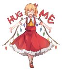  1girl ascot blonde_hair closed_eyes doro_au dress flandre_scarlet frills gem highres mary_janes open_mouth red_dress ribbon sharp_teeth shirt shoes short_hair side_ponytail solo teeth touhou white_shirt wings yellow_neckwear 