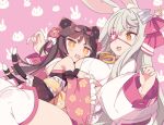  2girls :d animal_ears bare_shoulders between_breasts blade_(galaxist) blonde_hair blush bow breasts brown_eyes cat_ears character_name detached_sleeves eyepatch flower hair_bow hair_flower hair_ornament hands_up head_between_breasts large_breasts long_hair long_sleeves multiple_girls multiple_tails nekoyama_nae obi one_eye_covered open_mouth puffy_long_sleeves puffy_sleeves rabbit_ears rectangular_mouth red_bow sash size_difference smile tail thigh-highs toranoana two_tails white_legwear 