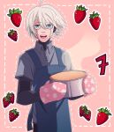  1boy :d ahoge apron blue_apron blueberry cake cheer_(cheerkitty14) collared_shirt cowboy_shot dangan_ronpa_(series) dangan_ronpa_v3:_killing_harmony food fruit grey_eyes grey_hair grey_shirt hair_between_eyes highres holding holding_cake holding_food keebo looking_at_viewer male_focus mittens number open_mouth outline pink_background pink_mittens shirt short_hair smile solo strawberry white_outline 