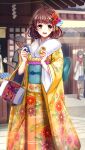  1girl :d antenna_hair bag bangs brown_eyes brown_hair doukyuusei_another_world flower game_cg hair_flower hair_ornament handbag holding japanese_clothes kakyuusei kimono long_sleeves looking_at_viewer medium_hair mochida_mahoko official_art open_mouth orange_flower pink_flower print_kimono red_flower shiny shiny_hair smile solo_focus wide_sleeves yellow_kimono yukata 