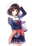  1girl beret breasts brown_eyes brown_hair clothes_around_waist hat highres jacket jacket_around_waist katou_megumi long_sleeves looking_at_viewer medium_breasts misaki_kurehito official_art pleated_skirt saenai_heroine_no_sodatekata short_hair simple_background skirt smile white_background 