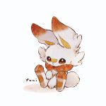  brown_eyes closed_mouth commentary_request creature full_body gen_8_pokemon paws pokemon pokemon_(creature) rabbit scorbunny signature sitting solo starter_pokemon toes white_fur zzzpani 