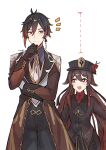  1boy 1girl absurdres bangs black_coat black_gloves black_hair black_headwear black_pants black_shorts blush breasts brown_coat brown_hair coat flower genshin_impact gloves gradient_hair hair_between_eyes hat hat_flower height_difference highres hitomin_(ksws7544) hu_tao_(genshin_impact) huge_filesize long_hair long_sleeves looking_at_viewer looking_to_the_side multicolored_hair open_mouth pants plum_blossoms ponytail red_eyes shorts small_breasts smile symbol-shaped_pupils twintails very_long_hair yellow_eyes zhongli_(genshin_impact) 