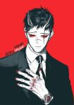  1boy black_eyes business_suit closed_mouth collared_shirt colored_sclera copyright_request earrings formal hand_up horns jacket jewelry male_focus monochrome necktie oni oni_horns pigeon666 red_background red_nails red_sclera red_theme sanpaku shirt simple_background solo suit watch watch wing_collar 