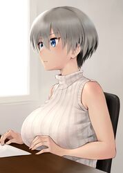  1girl alternate_costume arm_under_breasts armchair bare_shoulders blue_eyes breasts chair closed_mouth eyebrows eyebrows_visible_through_hair eyelashes grey_hair hair_between_eyes highres huge_breasts indoors large_breasts paper short_hair sitting sleeveless sleeveless_sweater solo sweater table turtleneck turtleneck_sweater uzaki-chan_wa_asobitai! uzaki_hana wa_(genryusui) white_sweater 