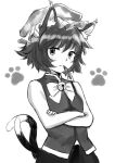  1girl animal_ear_fluff animal_ears bare_shoulders bell bow bowtie breasts cat_ears cat_tail chen crossed_arms fang greyscale hat highres jingle_bell looking_at_viewer mob_cap monochrome mouth_hold multiple_tails nekomata paw_print paw_print_background sen_(daydream_53) short_hair simple_background skin_fang small_breasts solo tail touhou two_tails upper_body 