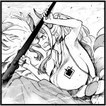  black_border border breasts clenched_hand clenched_teeth club_(weapon) earrings greyscale hair_ornament henriiku_(ahemaru) holding holding_club holding_weapon horns japanese_clothes jewelry large_breasts long_hair monochrome one_piece ponytail sideboob skirt solo teeth weapon yamato_(one_piece) 