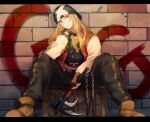  1boy axl_low bandana blonde_hair blue_eyes box chain fingerless_gloves gloves guilty_gear guilty_gear_strive long_hair looking_at_viewer male_focus online_neet pants sitting smile solo_focus straight_hair 