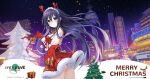  1girl animal_ears bare_back choker christmas christmas_tree city closed_mouth date_a_live date_a_live:_spirit_pledge deer_ears dress eyebrows_visible_through_hair fake_animal_ears gift gloves long_hair looking_at_viewer night night_sky no_panties official_art purple_hair red_dress red_gloves red_ribbon ribbon ribbon_choker santa_costume sky smile solo violet_eyes yatogami_tooka 