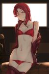 1girl arm_support bow bow_panties bra breasts cowboy_shot gym_storeroom hair_between_eyes head_tilt highres indoors jacket long_hair looking_at_viewer love_live! love_live!_sunshine!! nasuno_(nasuno42) navel off_shoulder open_clothes open_jacket panties red_bra red_jacket red_panties redhead sakurauchi_riko side-tie_panties sitting small_breasts smile solo standing track_jacket track_suit underwear yellow_eyes