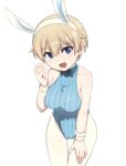  1girl animal_ears blonde_hair blue_eyes blue_leotard brave_witches breasts closed_mouth commentary cowboy_shot fake_animal_ears halterneck hand_on_own_thigh large_breasts leaning_forward leotard looking_at_viewer medium_breasts nanashino nikka_edvardine_katajainen open_mouth pantyhose playboy_bunny rabbit_ears ribbed_leotard simple_background smile solo standing thigh_gap white_background white_legwear world_witches_series wristband 