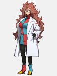  1girl android_21 blue_eyes blue_footwear breasts dragon_ball dragon_ball_fighterz earrings full_body glasses grey_background hair_between_eyes hands_in_pockets hoop_earrings jewelry kemachiku labcoat long_hair looking_at_viewer medium_breasts mismatched_footwear red_footwear red_ribbon_army redhead simple_background solo standing 
