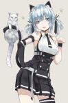  1girl :p animal_ears armpits bangs bare_shoulders belt black_legwear black_skirt black_tail blue_eyes blue_hair breasts cat cat_day cat_ears cat_girl cat_tail collar cowboy_shot garter_straps gloves hair_ornament hand_on_hip high-waist_skirt highres klem looking_at_viewer medium_breasts medium_hair necktie original paw_pose paw_print pleated_skirt short_necktie sidelocks single_glove single_thighhigh skirt sleeveless solo standing suspenders tail thigh-highs tongue tongue_out twintails white_belt white_cat 