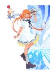  1girl blue_eyes boybun choker dress highres jewelry keyblade kingdom_hearts long_hair looking_at_viewer necklace redhead shoes simple_background smile socks solo strelitzia_(kingdom_hearts) white_dress 