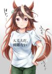  1girl absurdres animal_ears blush brown_hair clothes_writing commentary_request green_pants highres long_hair looking_at_viewer multicolored_hair onomatopoeia orange_hair pants shirt smile smug solo symboli_rudolf_(umamusume) tail tail_wagging umamusume white_background white_hair white_shirt yachan 