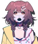  1girl animal_ears bone_hair_ornament braid brown_eyes brown_hair character_print collar commentary_request dog_ears dog_girl hair_ornament highres hololive hoso-inu inugami_korone long_hair looking_at_viewer low_braid low_twin_braids mask mikan_(chipstar182) mouth_mask simple_background solo twin_braids upper_body white_background 