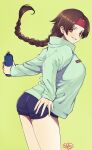  1girl ass bottle braid breasts brown_eyes brown_hair headband highres long_hair looking_at_viewer murata_tefu ryuuko_no_ken shorts simple_background single_braid smile solo the_king_of_fighters water_bottle yuri_sakazaki 