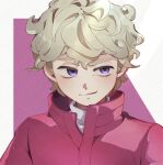  1boy bangs bede_(pokemon) blonde_hair closed_mouth coat commentary_request curly_hair eyelashes fflora highres looking_to_the_side male_focus pokemon pokemon_(game) pokemon_swsh popped_collar purple_coat short_hair smile solo upper_body violet_eyes 