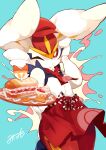  absurdres apron bright_pupils cinderace closed_mouth commentary_request dessert food gen_8_pokemon hat hatted_pokemon highres holding looking_at_viewer minamo_(pixiv17726065) one_eye_closed poke_ball_print pokemon pokemon_(creature) red_apron red_eyes red_headwear red_neckwear ribbon signature solo spoon tray waist_apron white_fur white_pupils 