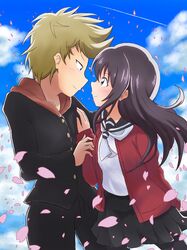  1boy 1girl black_hair black_skirt blue_sky blush busujima_eiji clouds couple eye_contact gaia_sue gakuran hetero jacket light_brown_hair long_hair looking_at_another outdoors petals profile red_jacket school_uniform senryuu_shoujo skirt sky smile spiky_hair standing white_neckwear yukishiro_nanako 