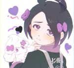  1boy ahoge alcremie allister_(pokemon) black_hair blush bow collared_shirt fflora gen_8_pokemon gym_leader hair_bow heart holding holding_pokemon long_sleeves looking_at_viewer looking_back male_focus parted_lips pokemon pokemon_(creature) pokemon_(game) pokemon_swsh purple_bow shirt simple_background sparkle suspenders sweatdrop symbol_commentary violet_eyes white_background 