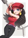  1girl absurdres black_hair black_pants blue_eyes breasts earrings eyeshadow gloves gonzarez highres jewelry large_breasts looking_at_viewer makeup super_mario_bros. mario_golf microphone_stand one_eye_closed open_mouth pants pauline_(mario) purple_belt red_lips red_shirt shirt single_glove smile 