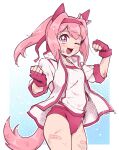  1girl animal_ears arms_up bandaid bandaid_on_leg bow buruma clenched_hands dirty dirty_clothes dirty_face fingerless_gloves gloves hair_bow hair_intakes headband highres horse_ears horse_girl horse_tail jacket long_hair one_eye_closed open_mouth pink_eyes pink_hair ponytail red_buruma red_gloves ribbon shirt smile solo symbol-shaped_pupils tail thighs track_jacket umamusume white_jacket white_shirt yokuko_zaza 