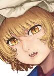  1girl :d absurdres bangs blonde_hair chanta_(ayatakaoisii) close-up hat highres looking_at_viewer open_mouth portrait short_hair simple_background slit_pupils smile solo touhou white_background yakumo_ran yellow_eyes 
