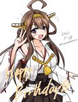  1girl ahoge boots brown_hair commentary_request cowboy_shot dated detached_sleeves double_bun hairband hakama_skirt happy_birthday headgear highres japanese_clothes kantai_collection kisaragi_mizuto kongou_(kancolle) long_hair looking_at_viewer remodel_(kantai_collection) ribbon-trimmed_sleeves ribbon_trim simple_background solo thigh-highs thigh_boots twitter_username white_background 
