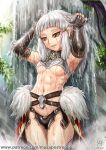  1girl abs armor arms_up bangs bathing blunt_bangs braid breastplate breasts elbow_gloves fate/grand_order fate_(series) fingerless_gloves french_braid gloves looking_down maxa&#039; muscular muscular_female navel patreon_username penthesilea_(fate) showgirl_skirt sidelocks solo under_boob water waterfall white_hair yellow_eyes 
