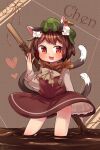  1girl :3 :p animal_ear_fluff animal_ears blush bow bowtie brown_background brown_eyes brown_hair brown_theme cat_ears cat_tail character_name chen chocolate commentary_request contrapposto dress feet_out_of_frame food hat highres holding holding_stick ibaraki_natou looking_at_viewer mob_cap multiple_tails nekomata pocky red_dress short_hair simple_background solo standing stick tail tongue tongue_out touhou two_tails 