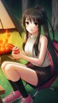  1girl :d bangs black_hair black_legwear black_shorts brown_eyes camping camping_chair can doukyuusei doukyuusei_another_world eyebrows_visible_through_hair fire forest game_cg hair_between_eyes high_ponytail holding holding_can kneehighs long_hair masaki_natsuko nature night official_art open_mouth outdoors pink_footwear ribbed_sweater shiny shiny_hair shoes short_shorts shorts sidelocks sitting smile sneakers solo sweater very_long_hair vest white_sweater 