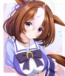 1girl :&lt; ahoge animal_ears ayase_midori black_bow blush border bow breasts brown_hair commentary_request eyebrows_visible_through_hair large_breasts looking_at_viewer meisho_doto_(umamusume) outside_border purple_skirt reward_available sailor_collar short_sleeves skirt solo tail umamusume violet_eyes white_border white_hair white_legwear white_sailor_collar 