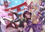  5girls :d ;d animal_ear_fluff animal_ears ascot blonde_hair blue_eyes blush_stickers bow bright_pupils brown_hair cat_tail chen cherry_blossoms closed_eyes clouds commentary_request d: day dress fedora fisheye flying fox_ears gap_(touhou) glasses hair_bow hakurei_reimu hat highres ishikawa_sparerib jewelry long_hair mob_cap multiple_girls multiple_tails nekomata one_eye_closed open_mouth outdoors pillow_hat plaid purple_dress red_eyes red_skirt red_vest selfie short_hair single_earring skirt sky smile sparkle sun tail torii touhou two_tails usami_sumireko vest white_pupils yakumo_ran yakumo_yukari yellow_neckwear 