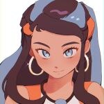  1girl black_hair blue_eyes blue_hair blush closed_mouth commentary_request dark-skinned_female dark_skin earrings eyelashes fflora gym_leader highres hoop_earrings jewelry korean_commentary long_hair looking_at_viewer multicolored_hair necklace nessa_(pokemon) pokemon pokemon_(game) pokemon_swsh portrait simple_background smile solo two-tone_hair white_background 
