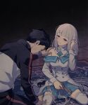  1boy 1girl absurdres bangs black_hair breasts buttons commentary_request cutting_hair detached_collar emilia_(re:zero) eyebrows_visible_through_hair eyelashes hand_in_hair hand_on_another&#039;s_shoulder hand_up highres holding holding_scissors iwamushi jacket natsuki_subaru off_shoulder pants parted_lips pleated_skirt re:zero_kara_hajimeru_isekai_seikatsu scissors short_hair sitting skirt smile sweat thigh-highs 