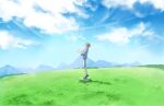  1boy black_footwear blue_jacket blue_sky clouds commentary_request day ensemble_stars! grass grey_pants hands_up jacket male_focus mountainous_horizon orange_hair outdoors pants scenery short_hair sky sleeves_rolled_up solo standing tiptoes tokopent tsukinaga_leo wide_shot 