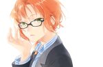  1boy adjusting_eyewear bishounen black_jacket collared_shirt commentary_request ensemble_stars! glasses green_eyes hand_up jacket long_hair looking_at_viewer male_focus open_mouth orange_hair shirt simple_background solo striped striped_shirt suit_jacket tokopent tsukinaga_leo upper_body white_background 