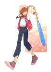  1girl boybun green_eyes highres jacket keyblade kingdom_hearts letterman_jacket looking_at_viewer olette pants redhead shirt shoes short_hair simple_background smile solo white_shirt 