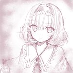  1girl alice_margatroid bangs capelet closed_mouth eyebrows_visible_through_hair frilled_hairband frills hair_between_eyes hairband looking_at_viewer monochrome nanase_nao sketch solo touhou upper_body 